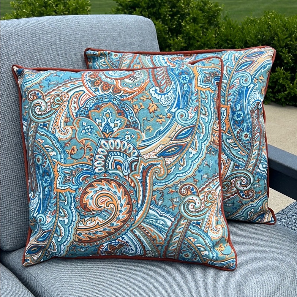 Paisley Blue and Burnt Orange Decorative Pillows -  Set of 2.